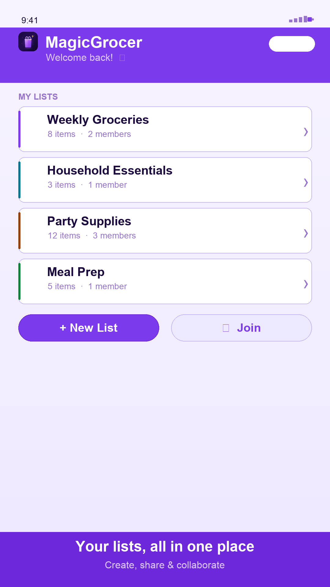 MagicGrocer dashboard showing your grocery lists